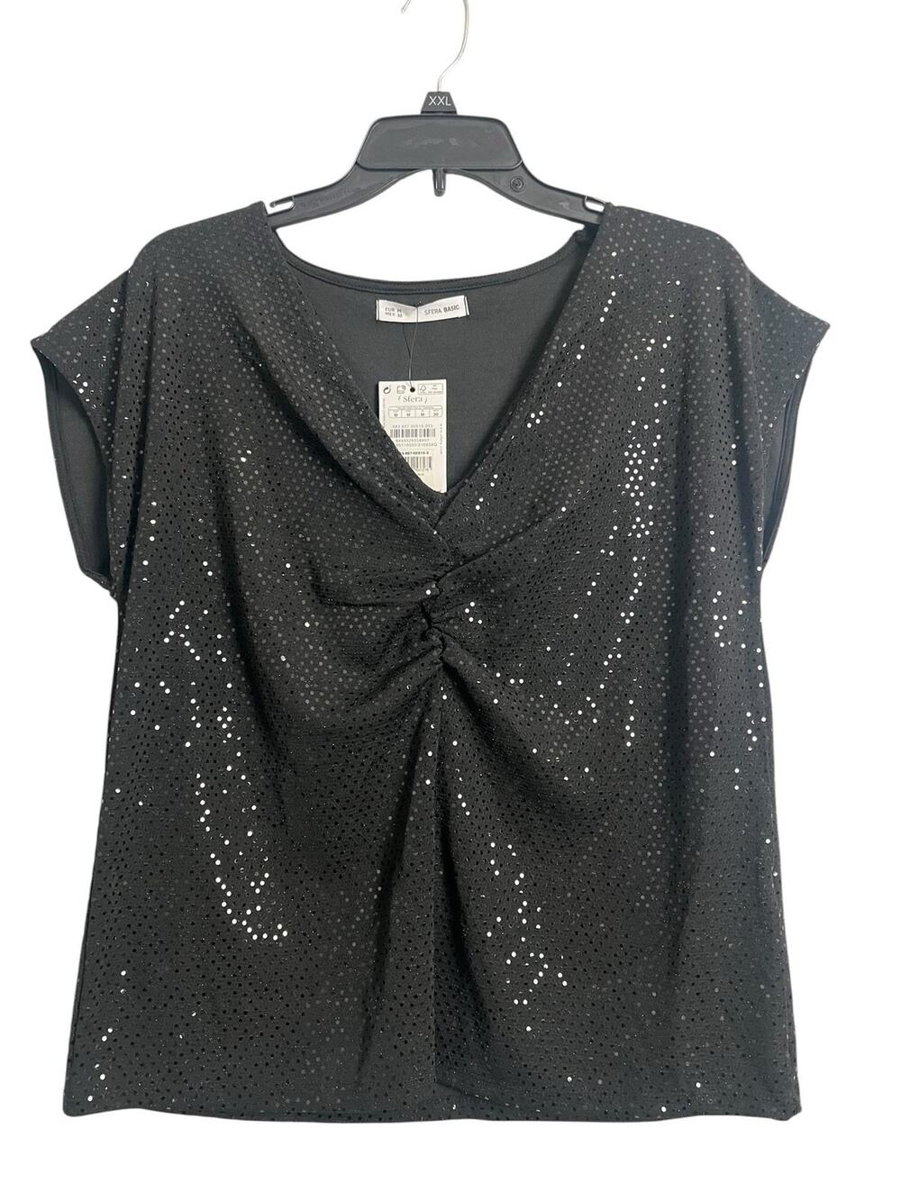 Sfera Shirt Womens M Black Sequin Polka Dot V Neck Dolman Top Jersey Party